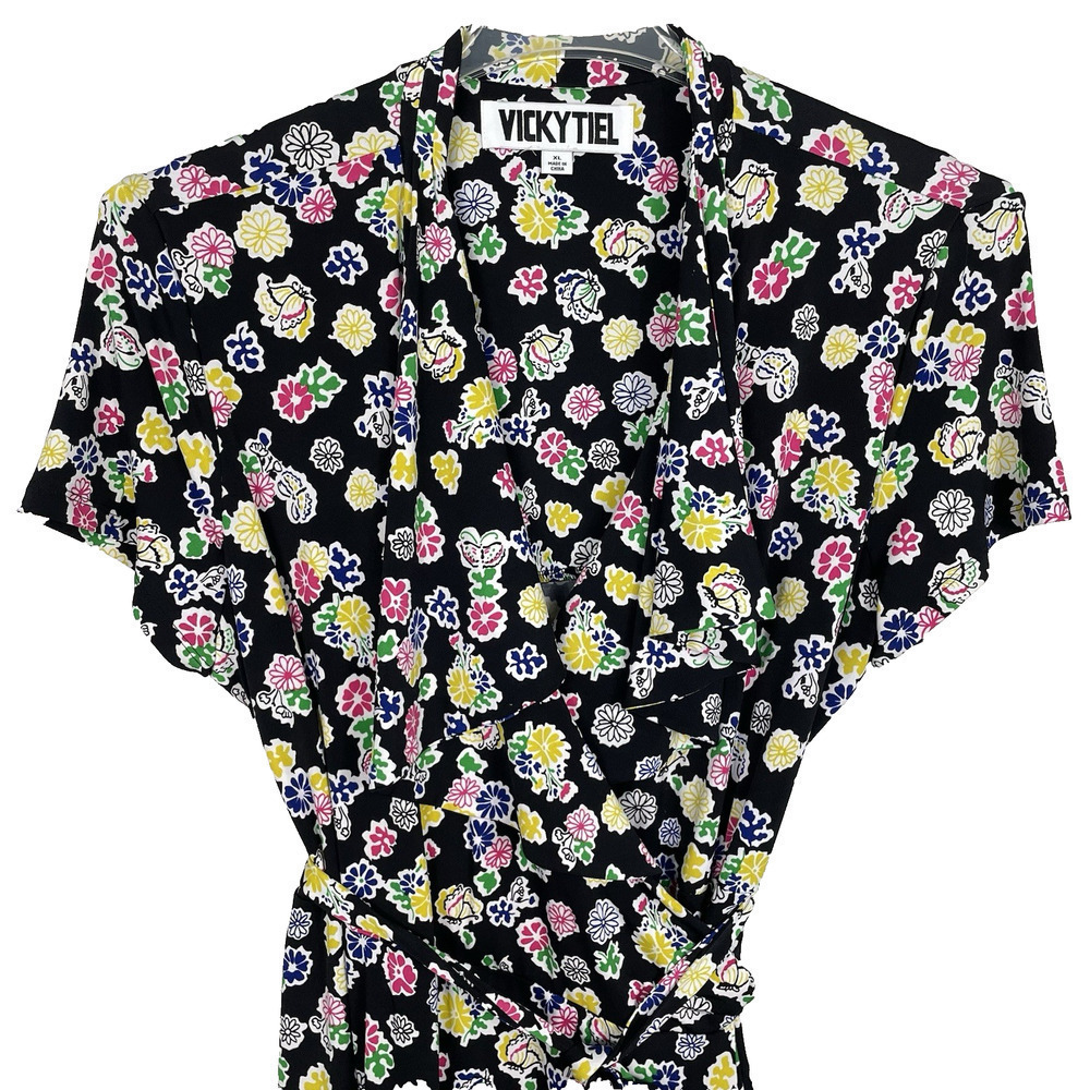 Vicky Tiel Midi Wrap Dress Size XL Black Colorful Floral Stretch Casual Career
